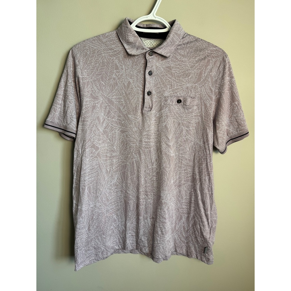 Ted Baker Leaf Print Short Sleeve Polo Shirt L Mauve Pink Casual Preppy Frat